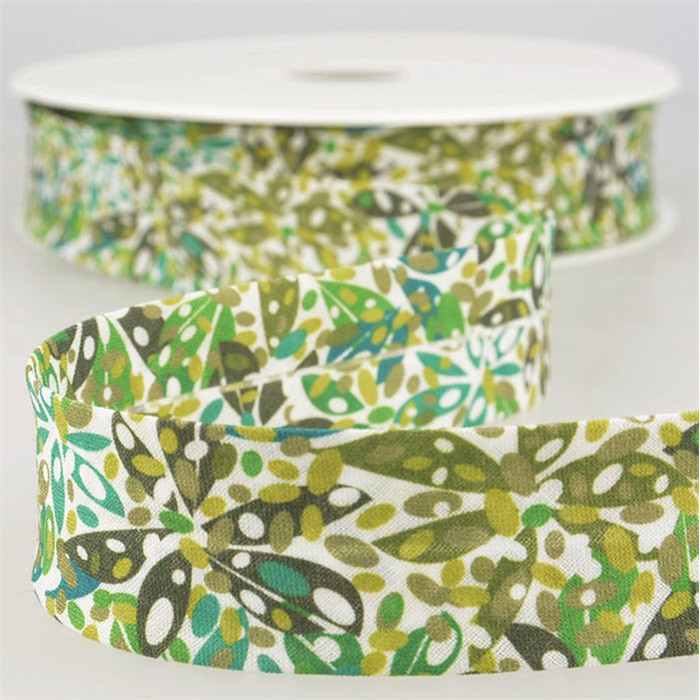 Biais imprimé feuilles vertes au mètre Biais imprimé feuilles vertes au mètre